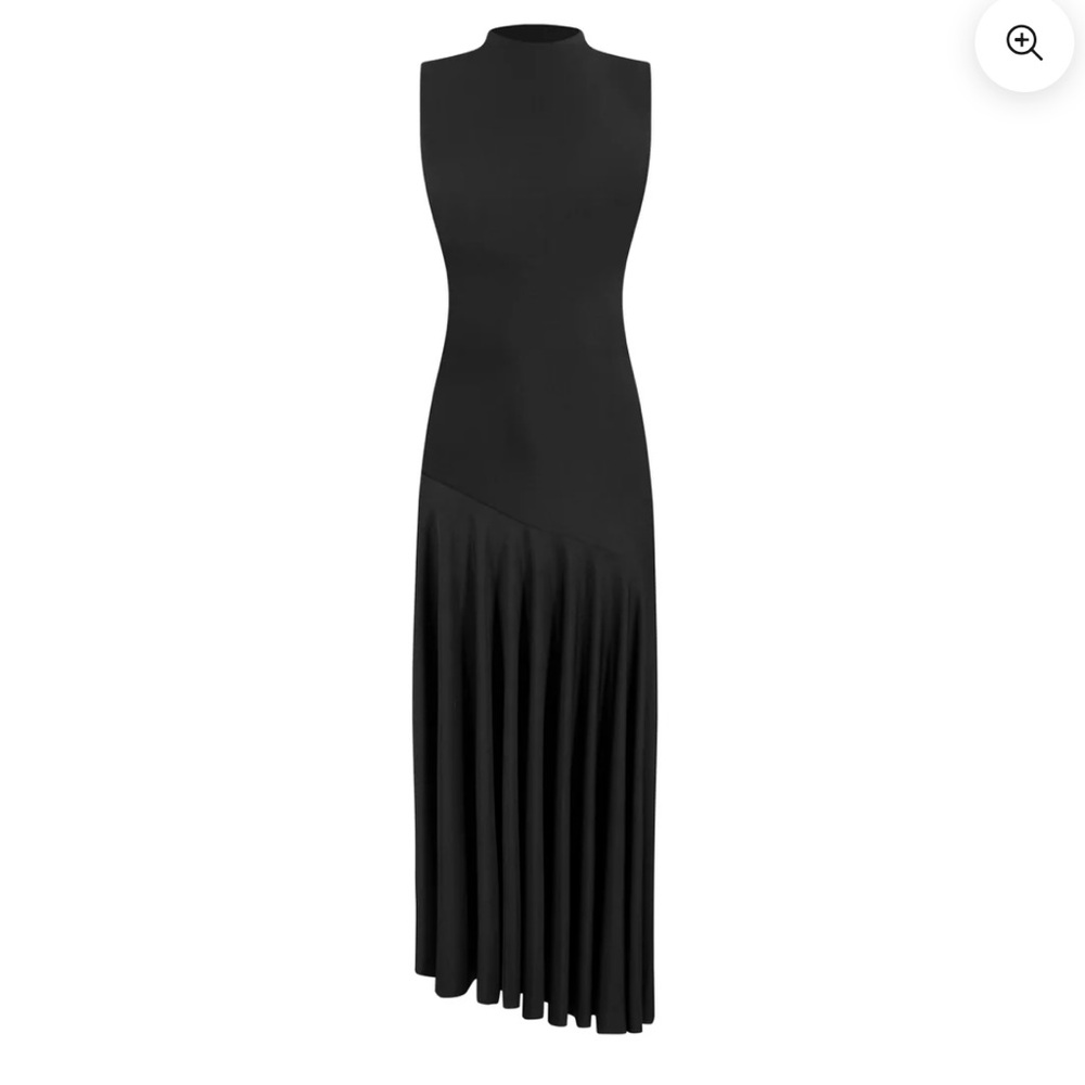 Sleeveless Black Midi Dress with Asymmetric Pleated Skirt